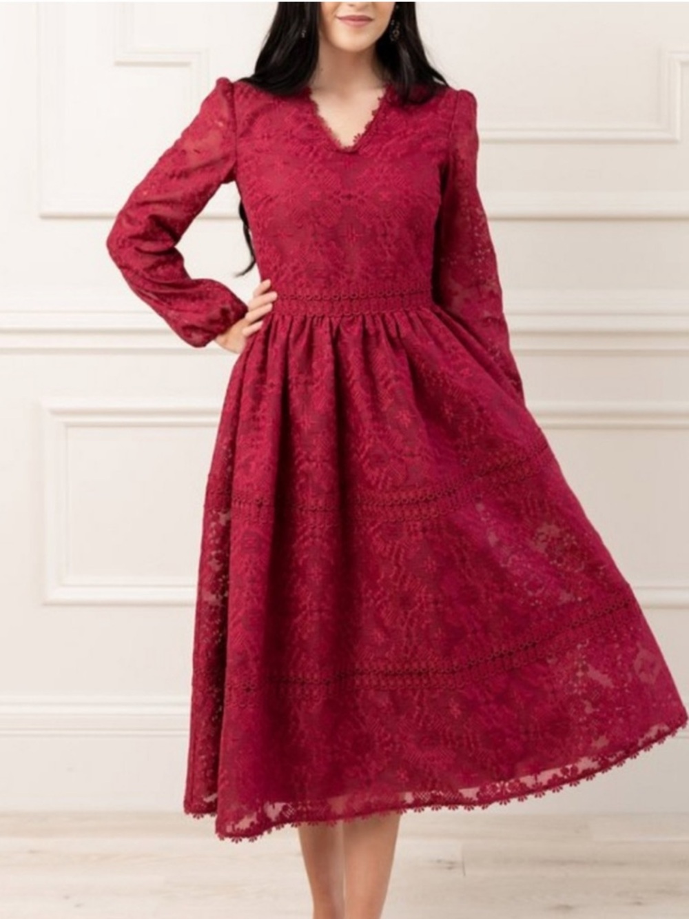 NWT Rachel Parcell Burgundy Lace V-Neck Midi Dress